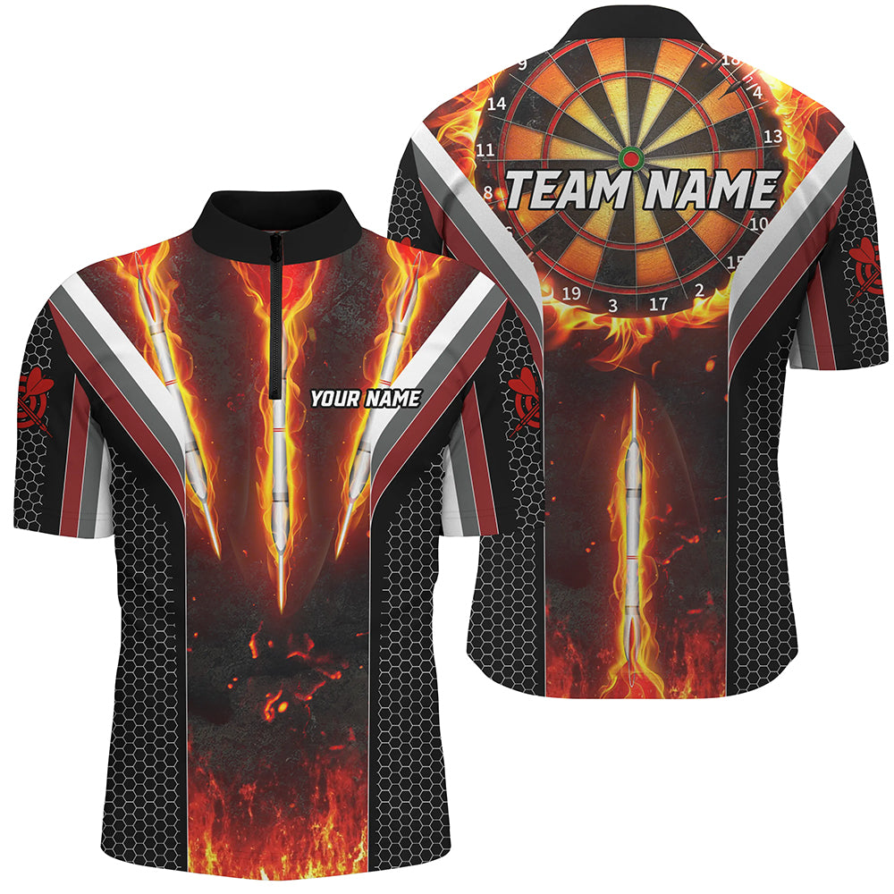 Personalized Darts Burning Fire Men Polo & 1/4 Zip Shirts Custom Team League Darts Jerseys TDM1540