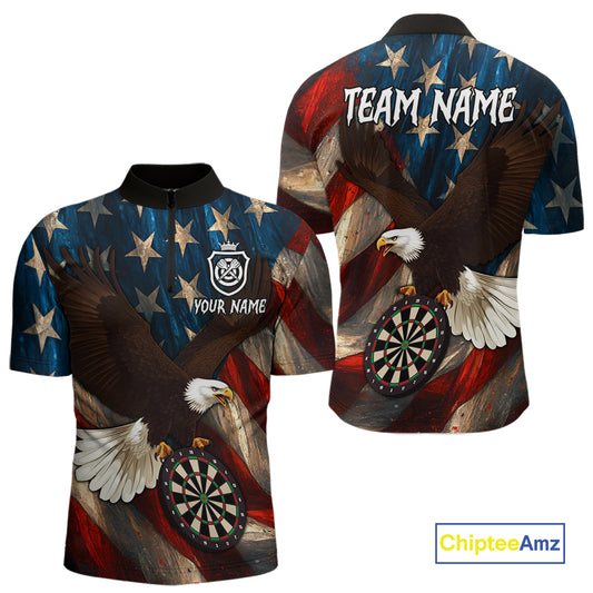 Personalized American Flag Eagle Mens Darts Shirt Custom Patriotic Jersey Darts Polo & 1/4 Zip TDM5126