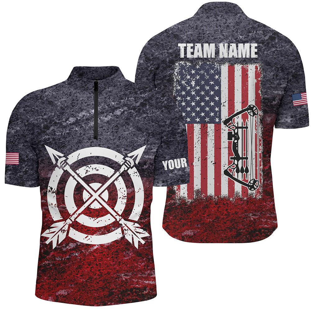Personalized Retro USA Flag Men Archery Quarter-Zip Shirts, Patriotic US Archery Jerseys TDM1022