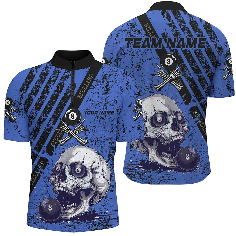Personalized Grunge Blue Billiard Skull Custom Men Billiard Shirts, Billiard Pool Team Club Uniform TDM1930