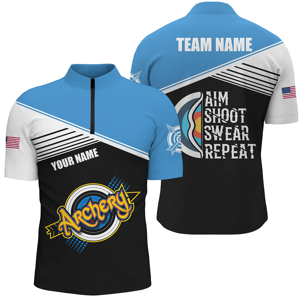 Archery Aim Shoot Swear Repeat Personalized Men Quarter-Zip Shirts, Funny Archery Shirts TDM0463