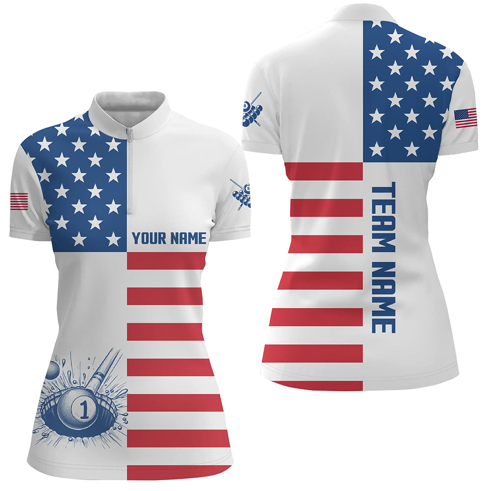 Personalized American Flag Billiard Quarter-Zip Shirt, Patriotic Pool Player Shirt For Women TDM1030