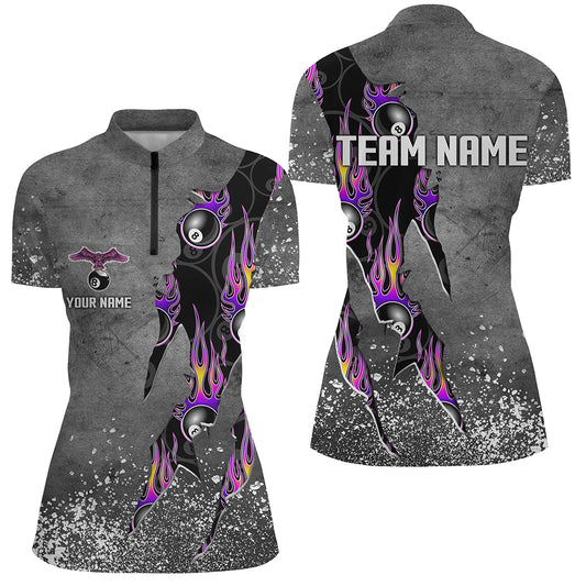 Custom Ball 8 Grey Grunge Billiard Shirts For Women Best Custom Team Name Billiard Jerseys |Purple TDM1560
