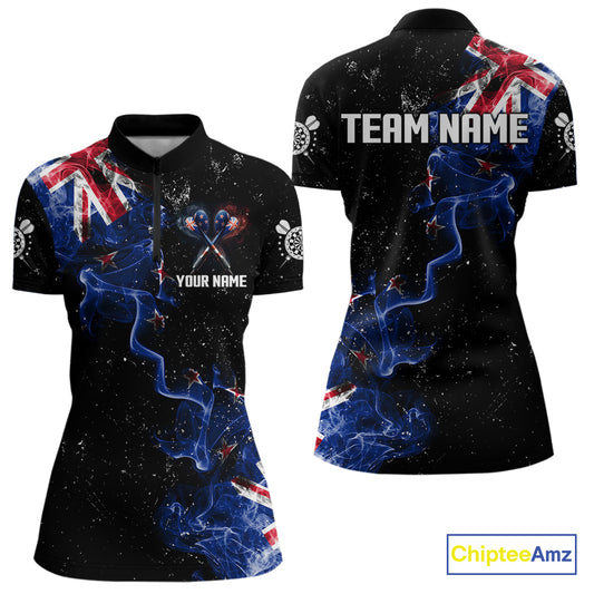 Customized Grunge New Zealand Flag Smoke Darts Polo & 1/4 Zip, Patriotic Darts Jerseys For Women TDM4289