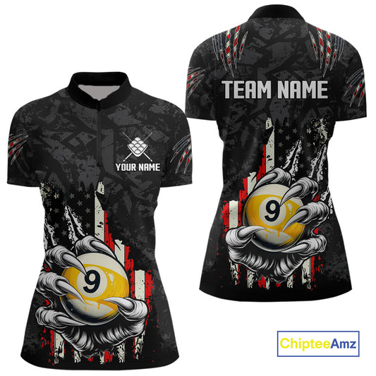 Funny Claw Tearing US Flag 9 Ball Pool Custom Billiard Shirts For Women, Patriotic Billiard Jerseys TDM4473