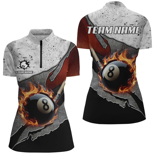 Personalized Grey Grunge Fire 8 Ball Pool Billiard Women Shirts Custom Pool Player Shirts TDM1567