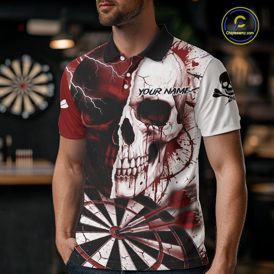White & Red Skull Dartboard Custom Men Dart Polo Shirt Retro Grunge Dart League Jerseys NYN2083