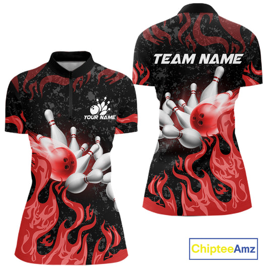 Red Flaming Bowling Jersey For Women Custom Fire Bowling Pin Team Jersey Polo & Quarter Zip Shirts TDM6268