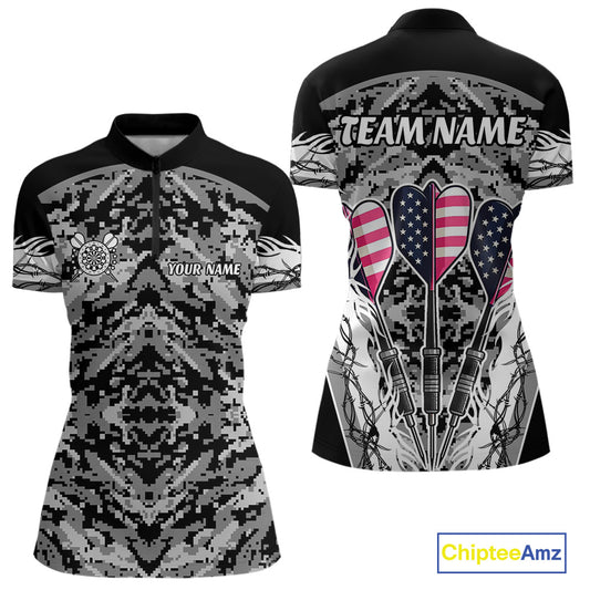 White Black Grunge Camo Funny US Flag Arrows Darts Shirt For Women Custom Darts Jersey Team Shirts TDM4525