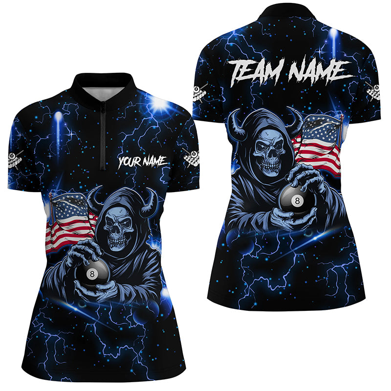 Blue Skull Thunder Lightning US Flag Custom Women Billiard Shirts, Patriotic Billiard Team Jerseys TDM1973