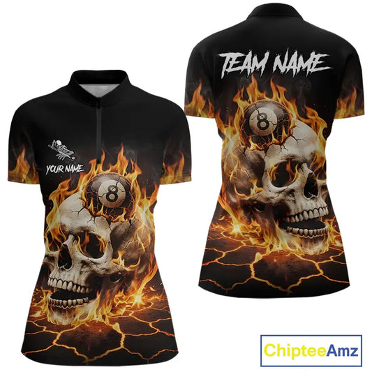 Orange Flaming Skull 8 Ball Billiard Shirt For Women Custom Pool Team Jersey Polo & Quarter Zip TDM5421