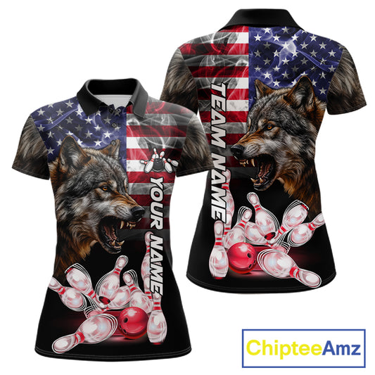 Smoke American Flag Wolf Bowling Custom Polo Shirt For Women Patriotic Bowling League Team Jersey