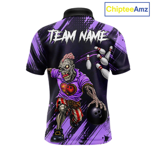Custom Purple Funny Zombie Bowling Shirt For Men, Bowling Team League Jersey Polo & Quarter Zip TDM6499