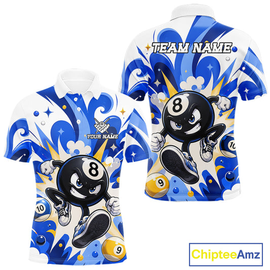 Blue funny 8 ball pool graffiti billiard team jersey polo shirt for men featuring colorful graffiti artwork, premium custom pool league apparel for tournaments, league matches and competitive billiard players.