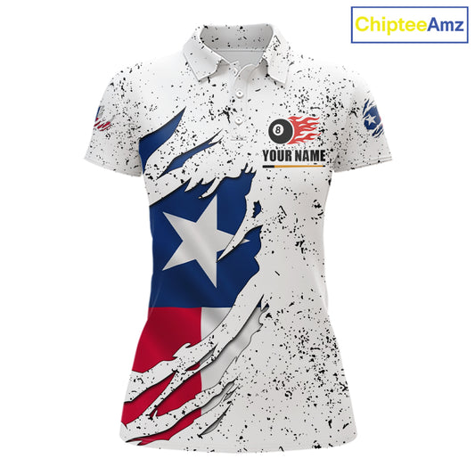 Black grunge Texas flag 8 ball pool billiard team jersey polo shirt for women featuring distressed Texas flag artwork with bold patriotic styling, premium custom pool league apparel for tournaments, league play and competitive billiard teams.