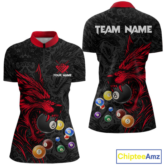 Personalized Wolf Billiard Balls Pool Shirts For Women, Black And Red Billiard League Team Jerseys TDM5202