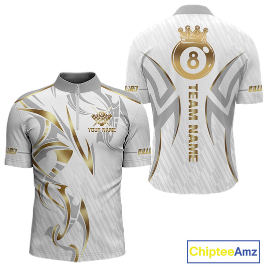 White And Gold Crown 8 Ball Men's Billiards Shirts Custom Billiard Jersey Team Polo & 1/4 Zip TDM5211
