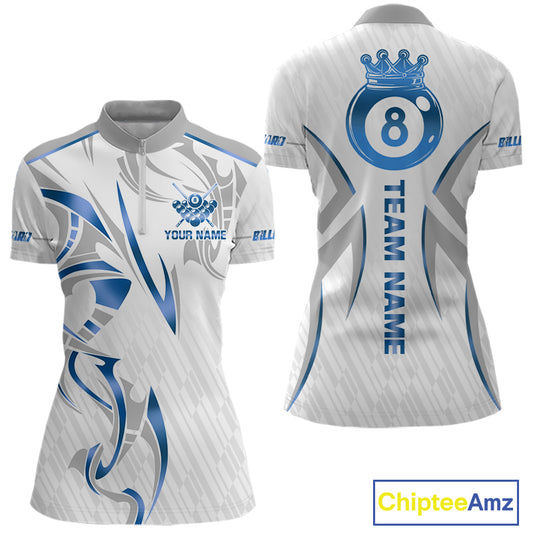 White And Blue Crown 8 Ball Women's Billiards Shirts Custom Billiard Jersey Team Polo & 1/4 Zip TDM5213