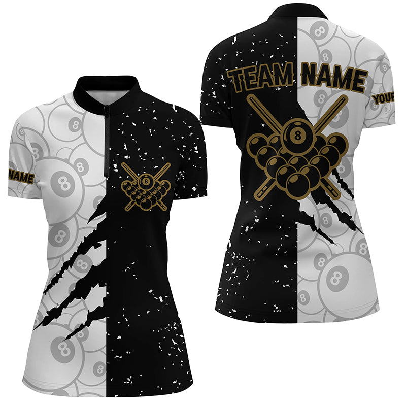 Custom Grunge Black White 8 Ball Pool Billiard Women Quarter-Zip Shirts, Billiard Apparel TDM0730