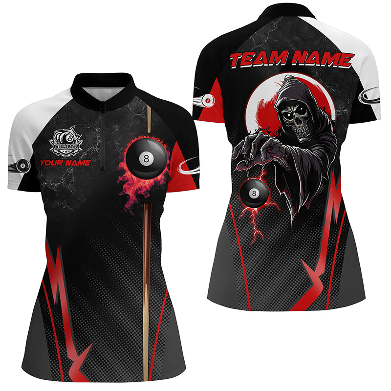Funny Grim Reaper Ball 8 Fire Custom Women Billiard Shirts, Best 8 Ball Pool Jerseys |Red TDM2034