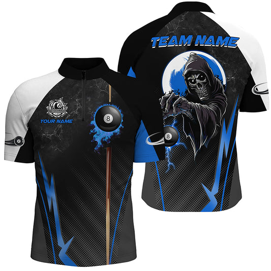 Funny Grim Reaper Ball 8 Fire Custom Men Billiard Shirts, Best 8 Ball Pool Jerseys |Blue TDM2035