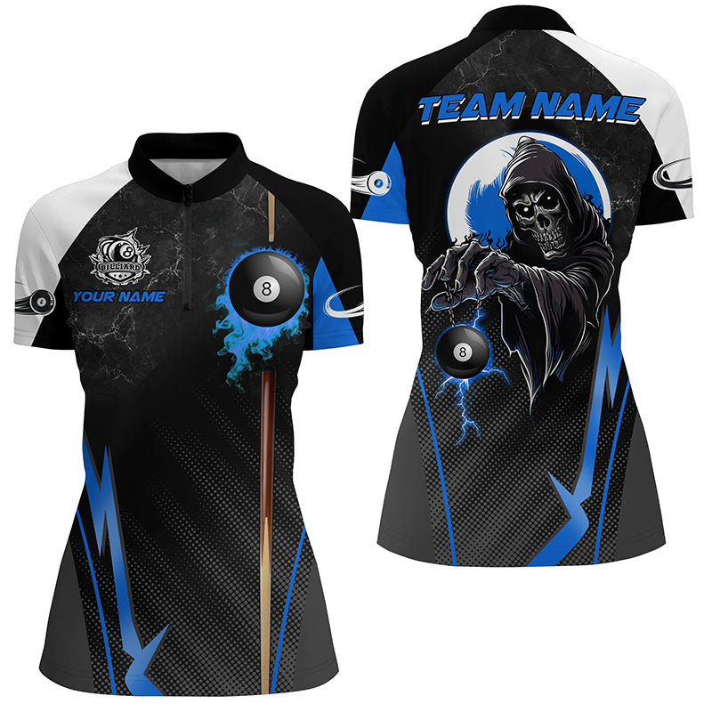 Funny Grim Reaper Ball 8 Fire Custom Women Billiard Shirts, Best 8 Ball Pool Jerseys |Blue TDM2035