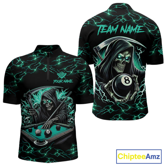 Turquoise Funny Grim Reaper 8 Ball Pool Men Billiard Shirts Custom Lightning Billiard Jerseys TDM2040
