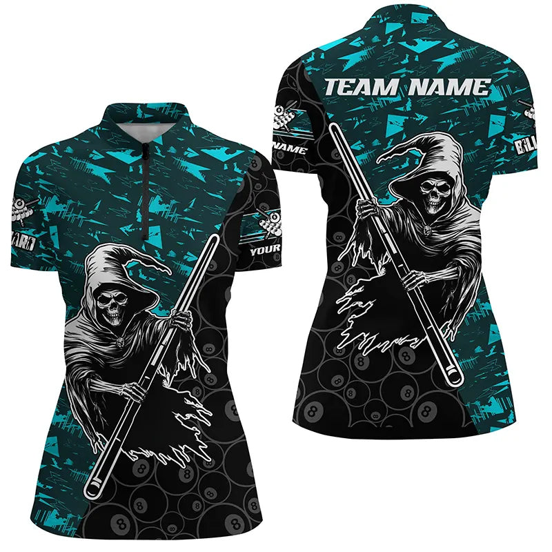 Personalized Cyan Abstract Grim Reaper Women Billiard Shirts, Halloween Billiard Jerseys TDM2760