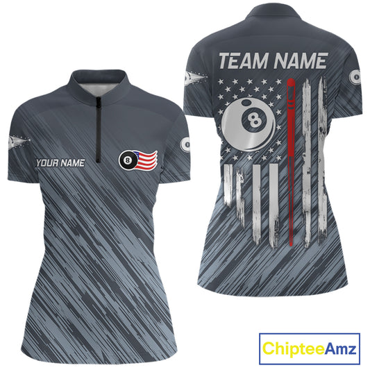 Personalized Billiard US Flag 8 Ball Pool Shirt For Women, Billiard Team Jersey Polo & 1/4 Zip TDM5217