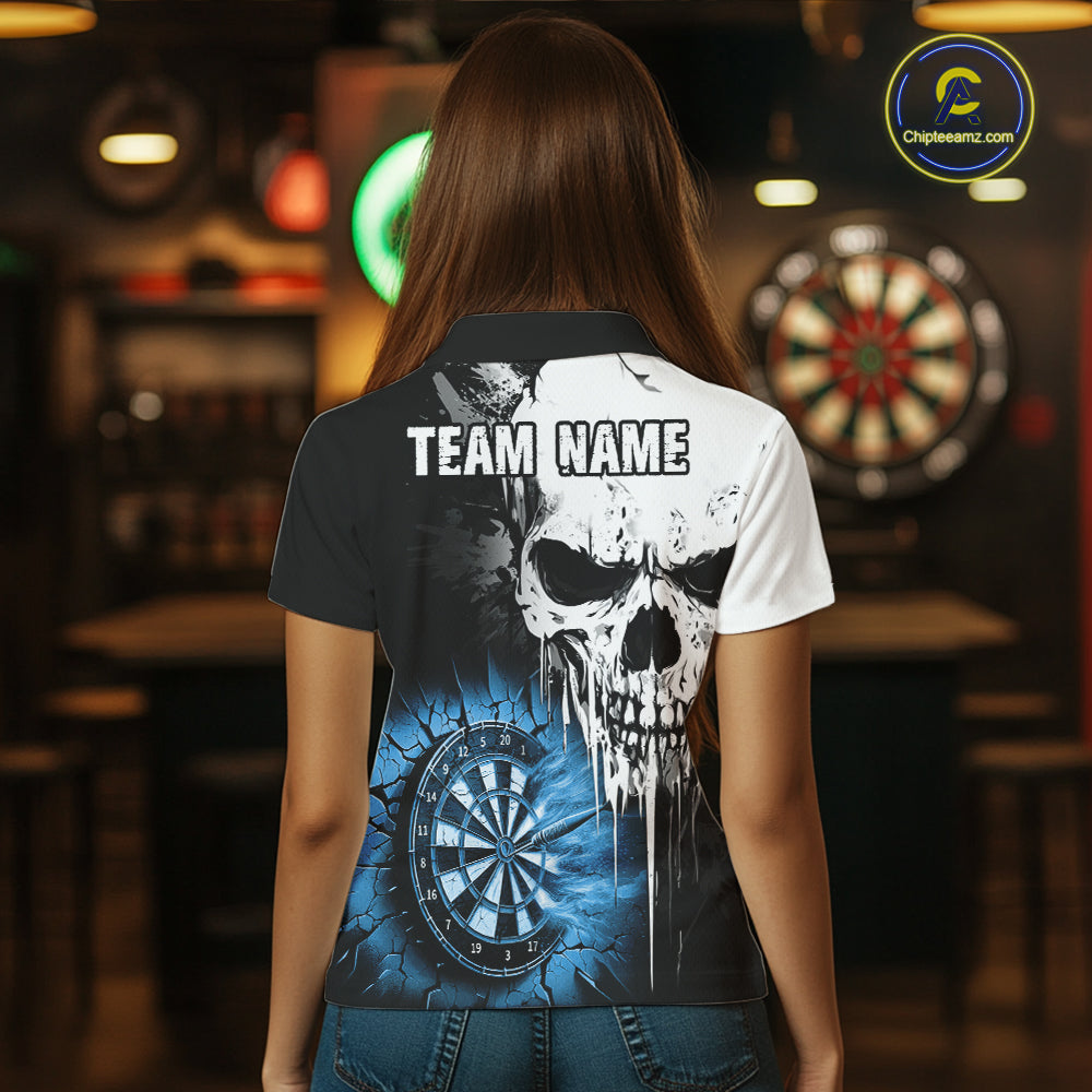 Personalized Grunge Skull Crack Wall Women Dart Shirts Custom Scary Darts League Team Jerseys |Blue TDM2785