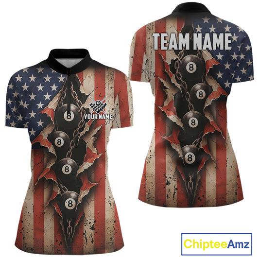 Vintage American Flag Chain 8 Ball Pool Billiard Shirt For Women Custom Patriotic Billiard Jerseys TDM5244