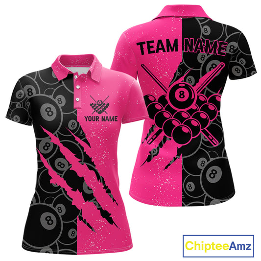 Custom Grunge Pink Black 8 Ball Pool Billiard Shirt For Women, Billiard Team Jersey Polo & 1/4 Zip TDM5960