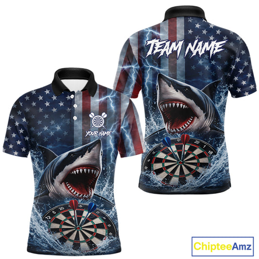 American Flag Shark Darts Shirt For Men Custom Lightning Patriotic Dart Jersey Team Polo & 1/4 Zip TDM5771