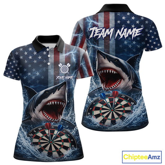 American Flag Shark Darts Shirt For Women Custom Lightning Patriotic Dart Jersey Team Polo & 1/4 Zip TDM5771