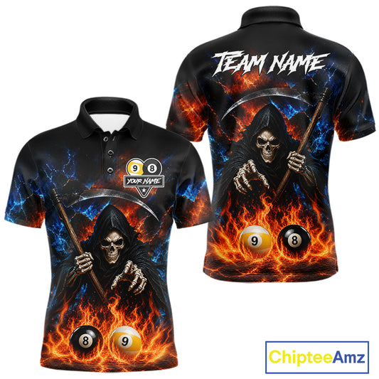 Custom 8 Ball & 9 Ball Fire Grim Reaper Billiard Shirt For Men, Pool Team Jersey Polo & 1/4 Zip TDM6562