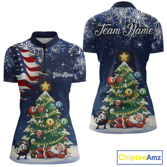 Funny Santa Christmas Billiard Shirts For Women Custom US Flag Xmas Pine Tree Pool Team Shirt TDM5289