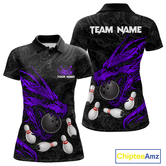 Black And Purple Custom Dragon Bowling Shirt For Women, Bowling Team Jersey Polo & Quarter Zip TDM6167