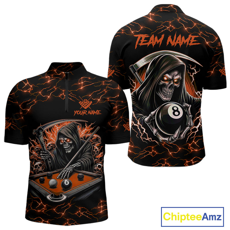 Orange Funny Grim Reaper 8 Ball Pool Men Billiard Shirts Custom Name Lightning Billiard Jerseys TDM2828