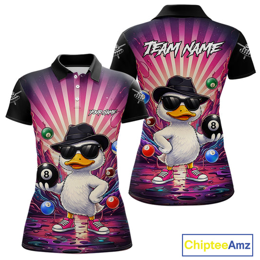Billiard polo shirt with a cartoon duck holding a pool ball on a colorful background