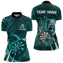 Load image into Gallery viewer, Turquoise 3D Skull Darts Polo & 1/4 Zip Shirts For Women Custom Cool Darts League Team Jerseys TDM3101