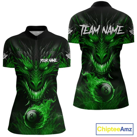 Personalized Dragon 8 Ball Fire Flame 3D Billiard Shirt For Women, Billiard League Team Jersey|Green TDM5594