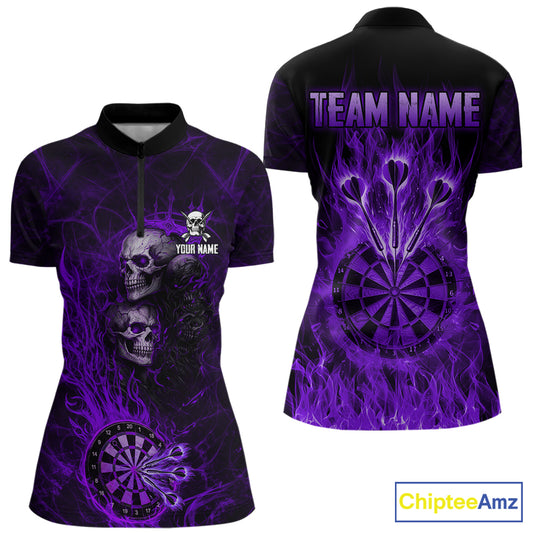 Purple Flaming Skull Darts Polo & Quarter Zip Custom Fire Darts Shirt For Women, Darts Team Jersey TDM5622