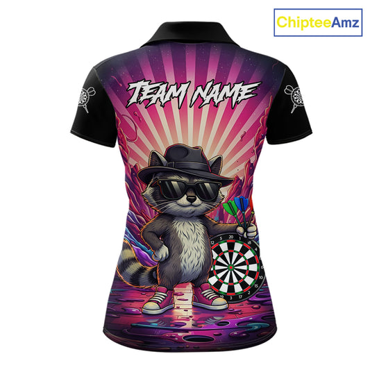 Pink Funny Raccoon Neon Graffiti Darts Shirt For Women Custom Darts Jersey Team Polo & 1/4 Zip TDM6000
