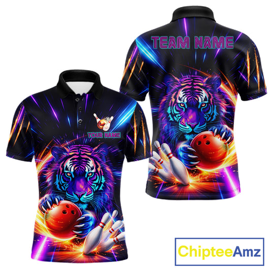 Custom Neon Blue And Purple Tiger Bowling Shirt For Men, Bowling Team Jersey Polo & 1/4 Zip Shirt TDM6241