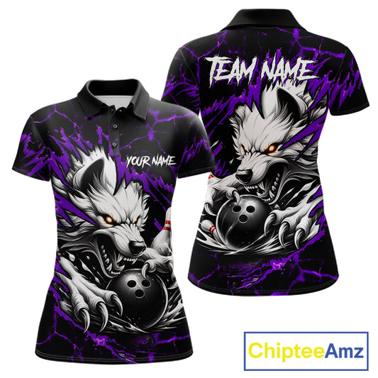 Black and purple custom wolf bowling team jersey polo shirt for women featuring a fierce wolf design, premium personalized bowling league apparel for tournaments and team play.