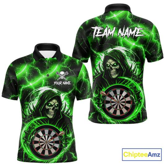 Green Grim Reaper Skull Thunder Lightning Darts Shirt For Men Custom Darts Jersey Polo & 1/4 Zip TDM6469