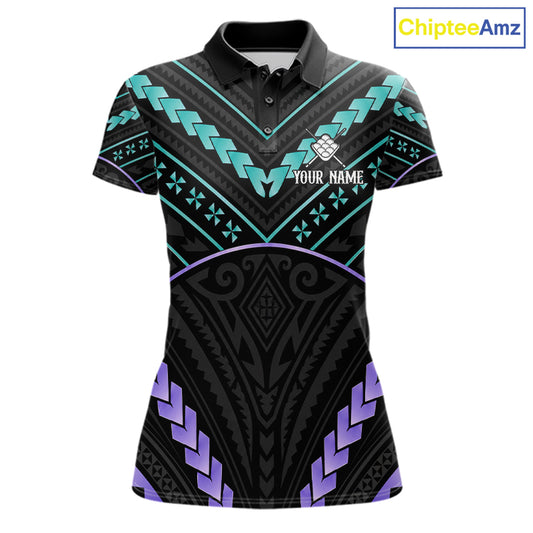Custom teal and purple tribal 9 ball pool billiard team jersey polo shirt for women, personalized pool league apparel and tournament jersey.
