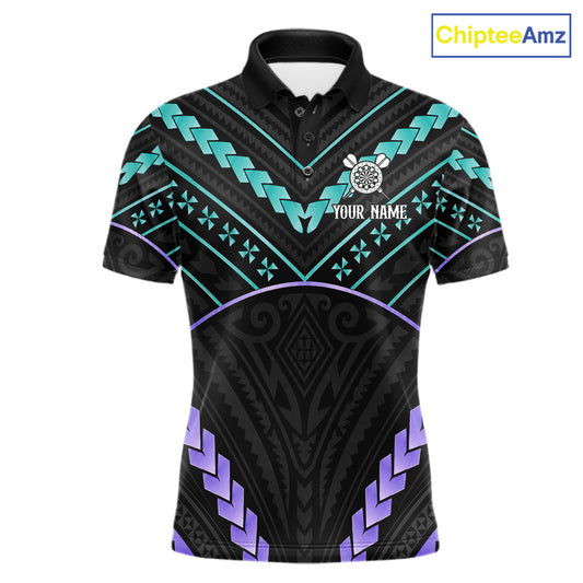 Custom teal and purple tribal dartboard darts team jersey polo shirt for men, personalized darts league apparel and tournament jersey.