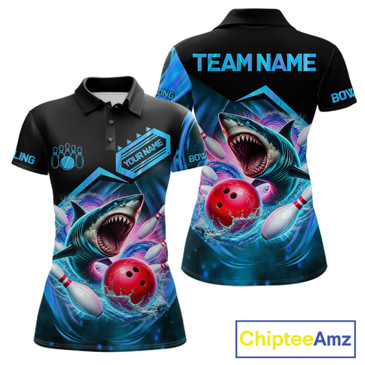 Personalized blue glowing shark bowling team jersey polo shirt for women featuring a glowing shark design, premium custom bowling league team apparel for tournaments and team play.