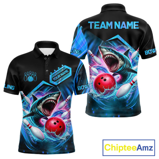 Personalized blue glowing shark bowling team jersey polo shirt for men featuring a glowing shark design, premium custom bowling league team apparel for tournaments and team play.